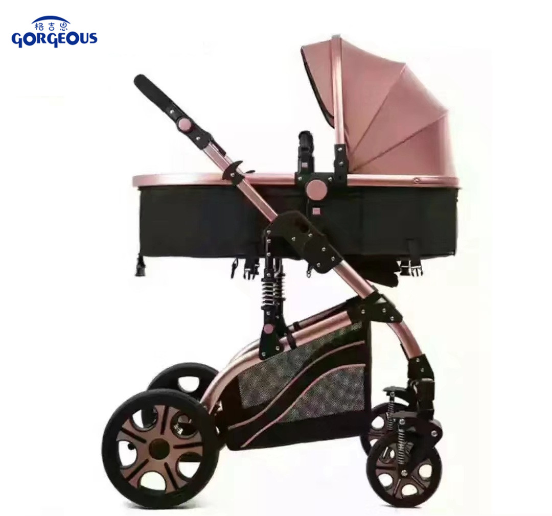 Custom design aluminum alloy baby stroller 3 in 1 sleeping bag pink yellow color